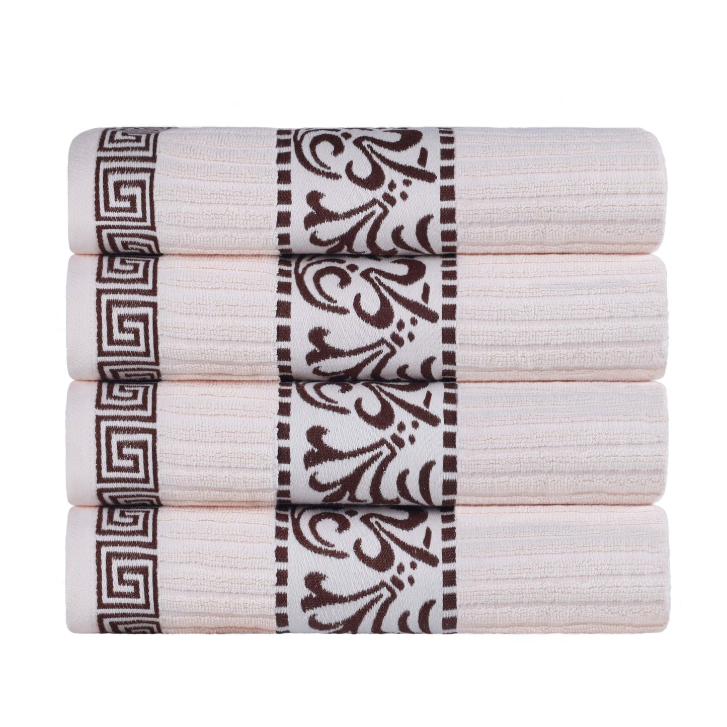 Athens Cotton Greek Scroll and Floral 4 Piece Assorted Bath Towel Set - Ivory/ Chocolate