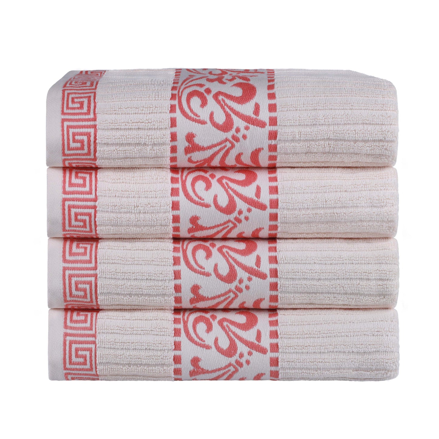 Athens Cotton Greek Scroll and Floral 4 Piece Assorted Bath Towel Set - Ivory/Coral
