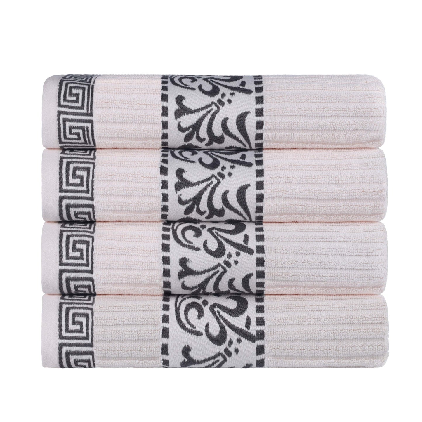 Athens Cotton Greek Scroll and Floral 4 Piece Assorted Bath Towel Set - Ivory/Grey