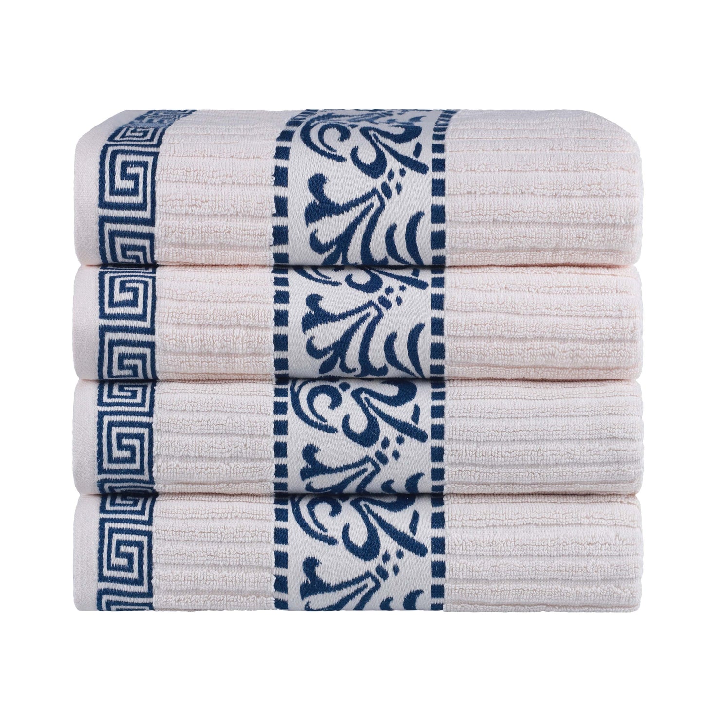 Athens Cotton Greek Scroll and Floral 4 Piece Assorted Bath Towel Set - Ivory/Navy Blue