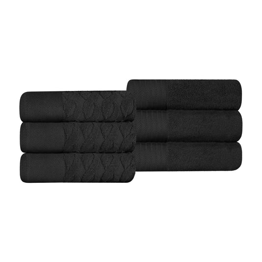 Turkish Cotton Jacquard Herringbone and Solid 6 Piece Hand Towel Set - Black