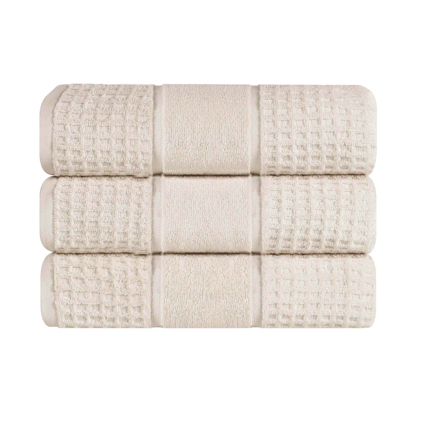 Zero Twist Cotton Waffle Honeycomb Plush Soft Absorbent Bath Towel Set of 3 - Ivory