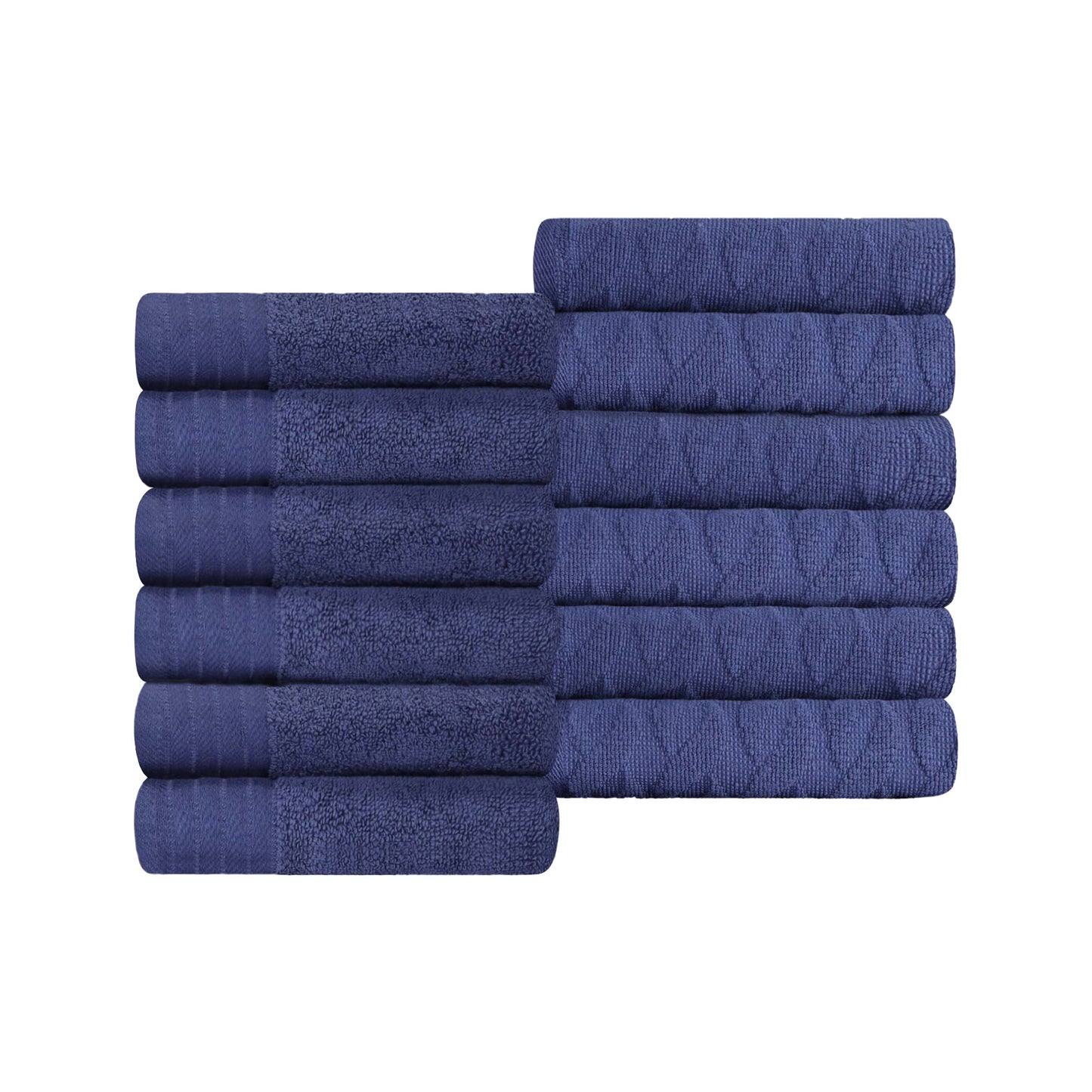 Turkish Cotton Jacquard Herringbone and Solid 12 Piece Face Towel Set - Navy Blue