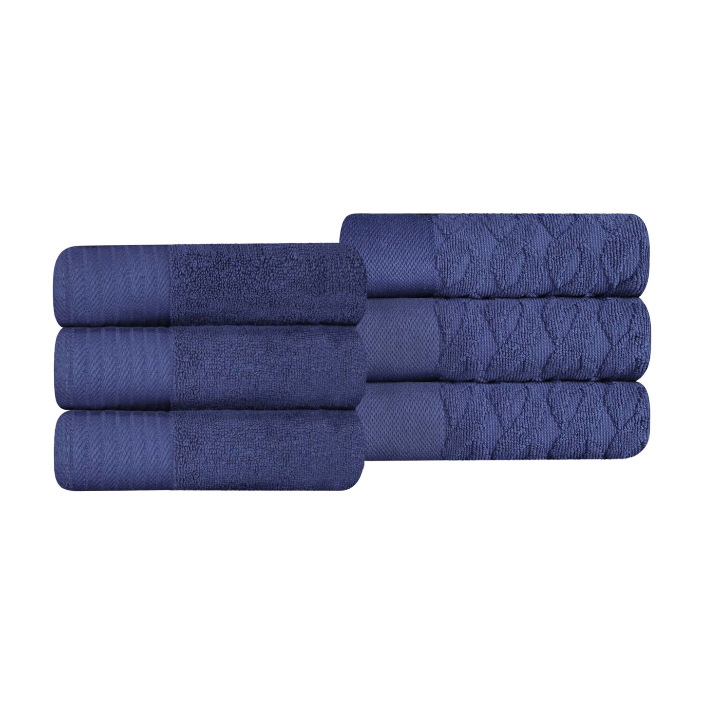 Turkish Cotton Jacquard Herringbone and Solid 6 Piece Hand Towel Set - Navy Blue