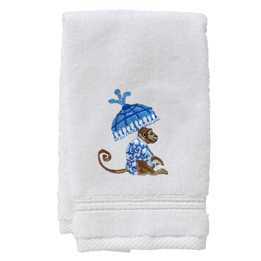 Terry Guest Towel With Embroidered Blue Monkey & Umbrella