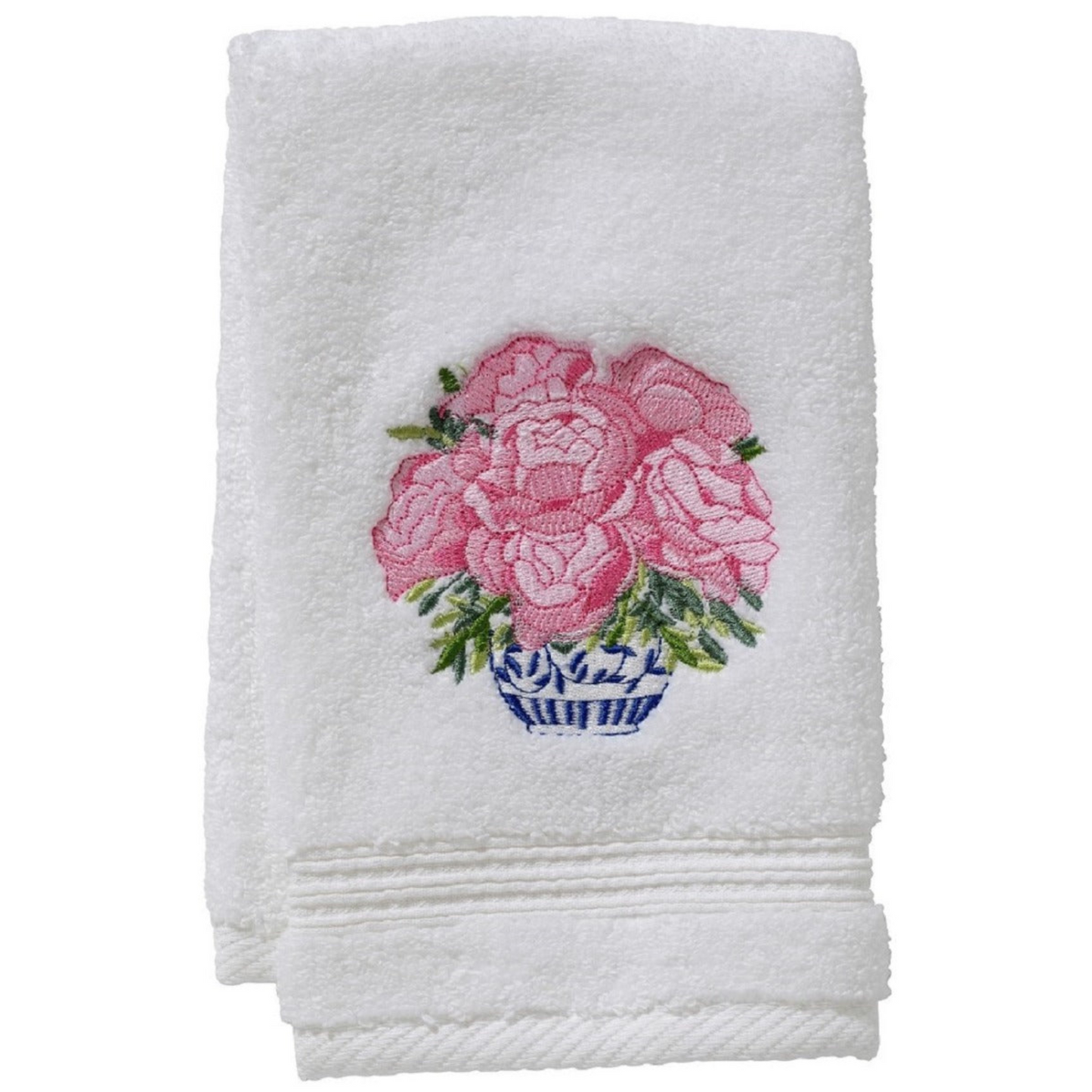 Terry Guest Towel With Embroidered Pot of Pink Peonies