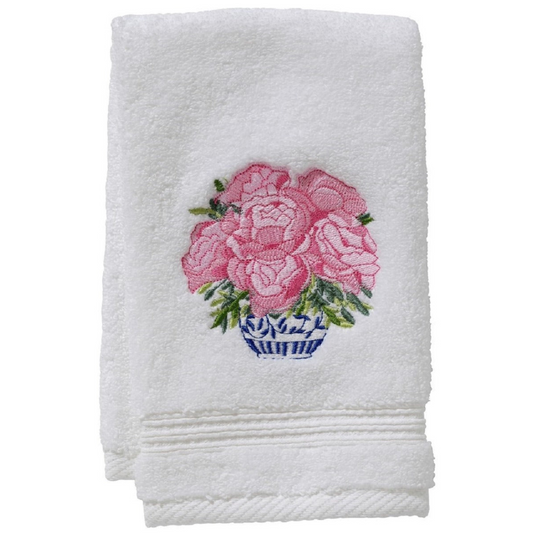 Terry Guest Towel With Embroidered Pot of Pink Peonies