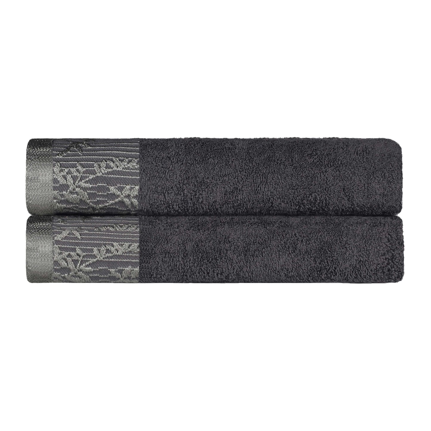 Wisteria Cotton Bath Towel Set with Floral Bohemian Embroidered Jacquard Border (Set of 2) - Gray