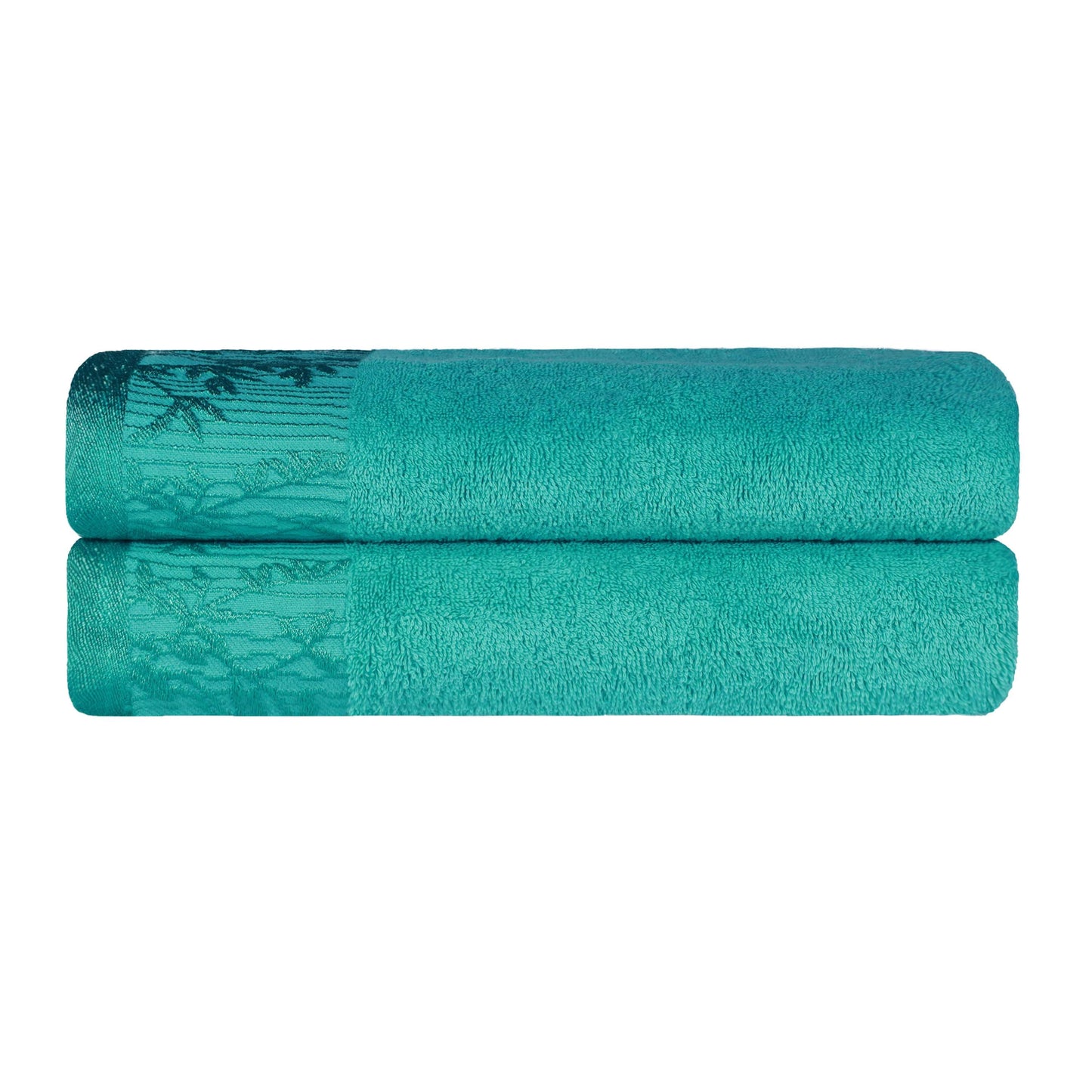 Wisteria Cotton Bath Towel Set with Floral Bohemian Embroidered Jacquard Border (Set of 2) - Turquoise