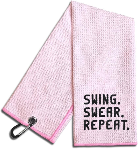 Swing Swear Repeat Embroidered Pink Golf Towel, Funny Golf Towel for Golf Bag with Clip, Retirement Birthday Gift for Grandma Mom Sister Golfer Golf Lover, Ladies Golf Towel, Women Golf Towel