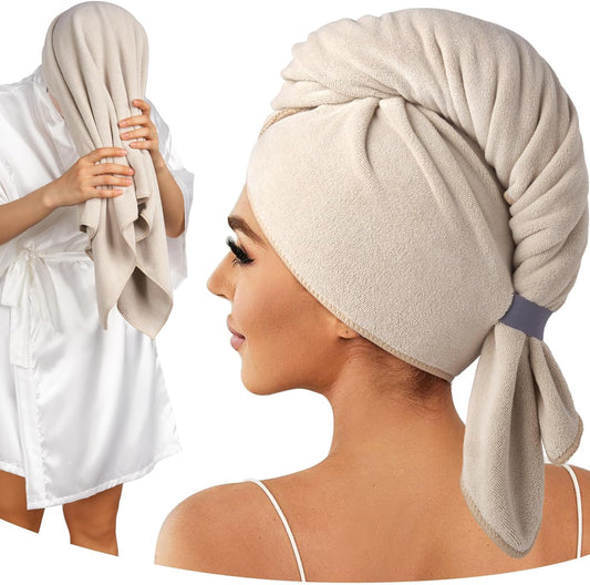 100% Microfiber Hair Towel, 41" x 22" Super Absorbent Hair Care Towel, Ultra Soft Hair Towel Wrap with Elastic Loop, Large Curly Hair Towel for Women Long, Thick Hair, Camel