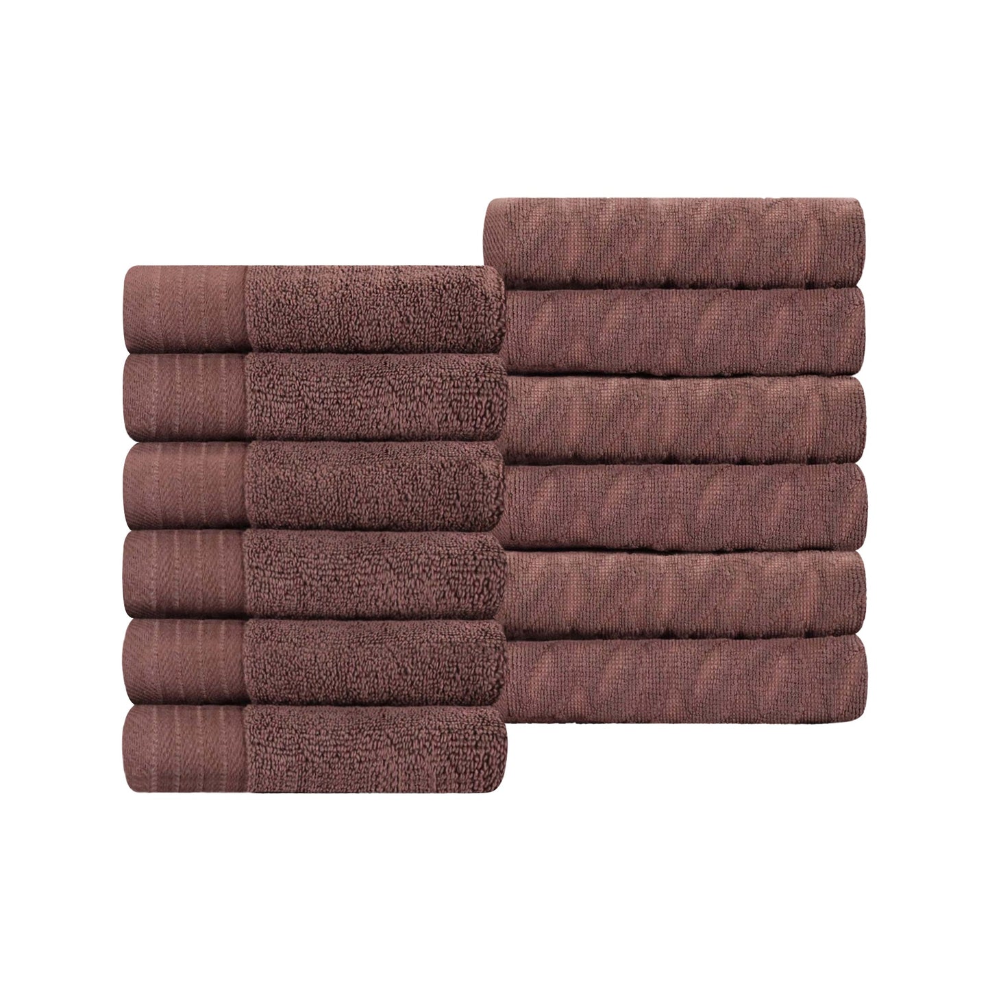 Turkish Cotton Jacquard Herringbone and Solid 12 Piece Face Towel Set - Chocolate