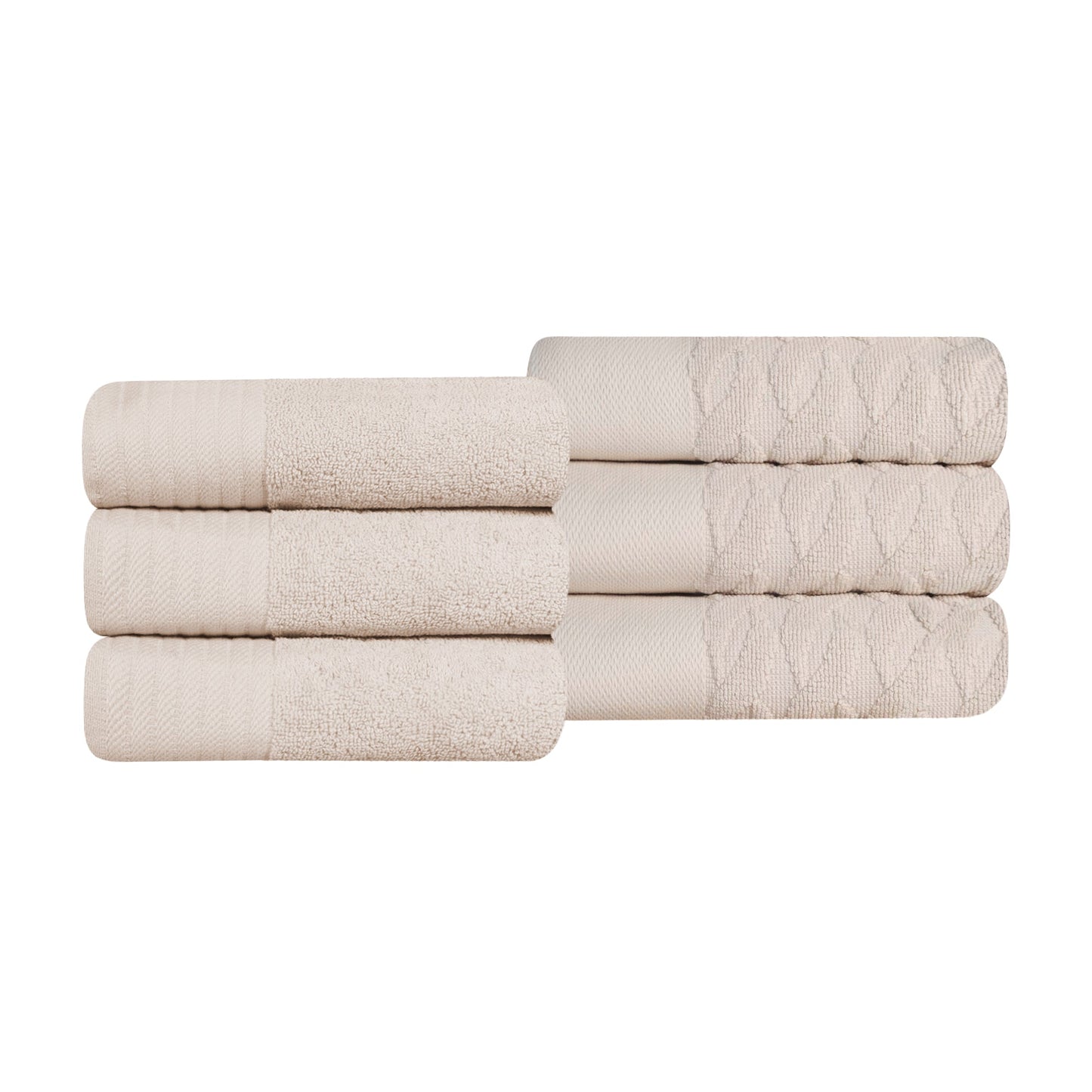 Turkish Cotton Jacquard Herringbone and Solid 6 Piece Hand Towel Set - Ivory