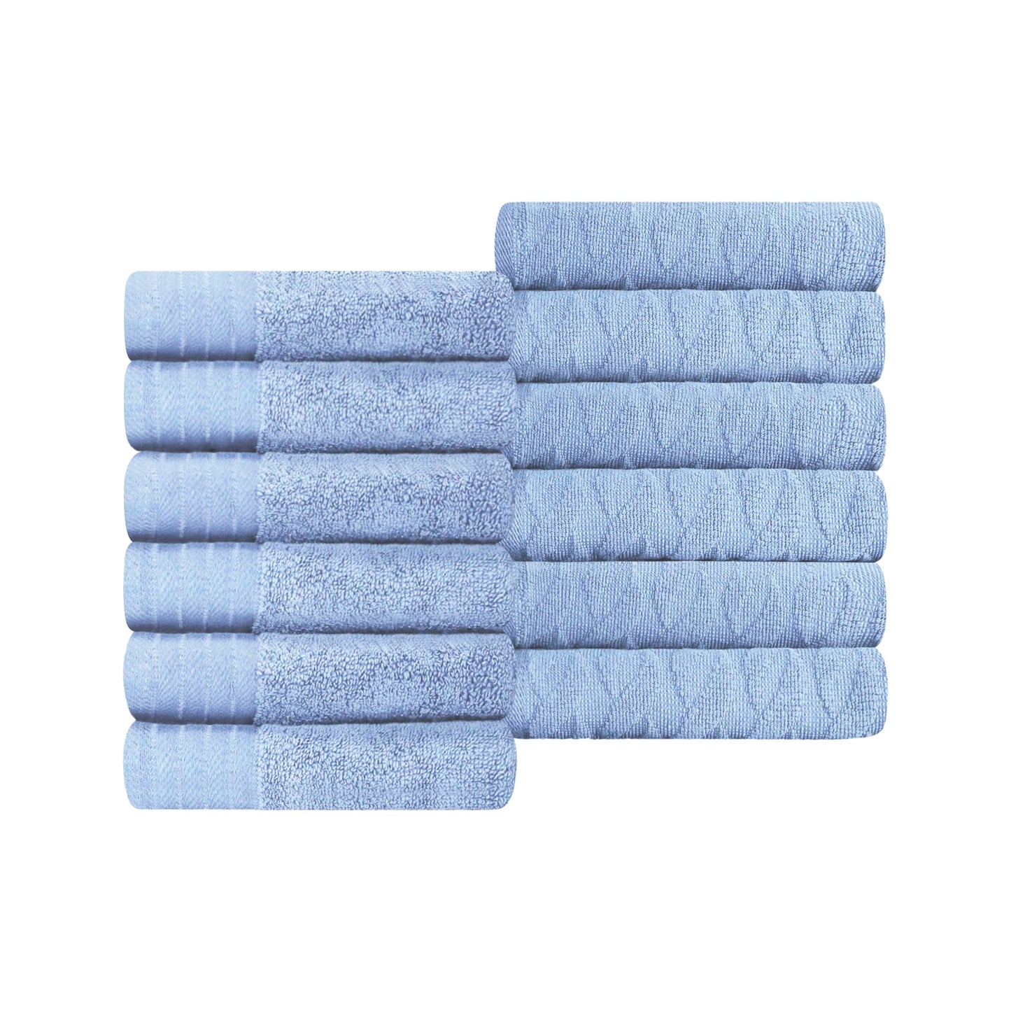 Turkish Cotton Jacquard Herringbone and Solid 12 Piece Face Towel Set - Pacific Blue