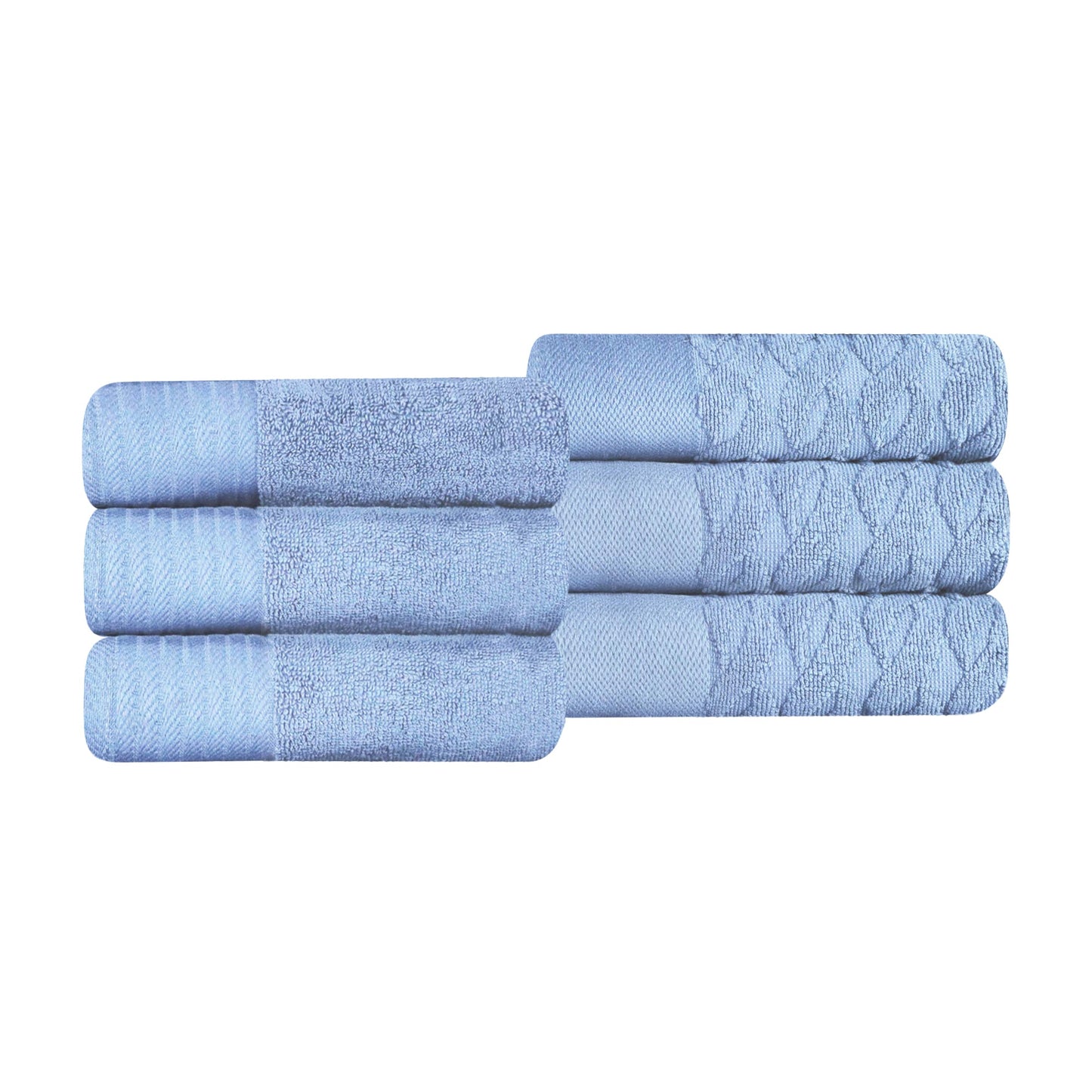 Turkish Cotton Jacquard Herringbone and Solid 6 Piece Hand Towel Set - Pacific Blue