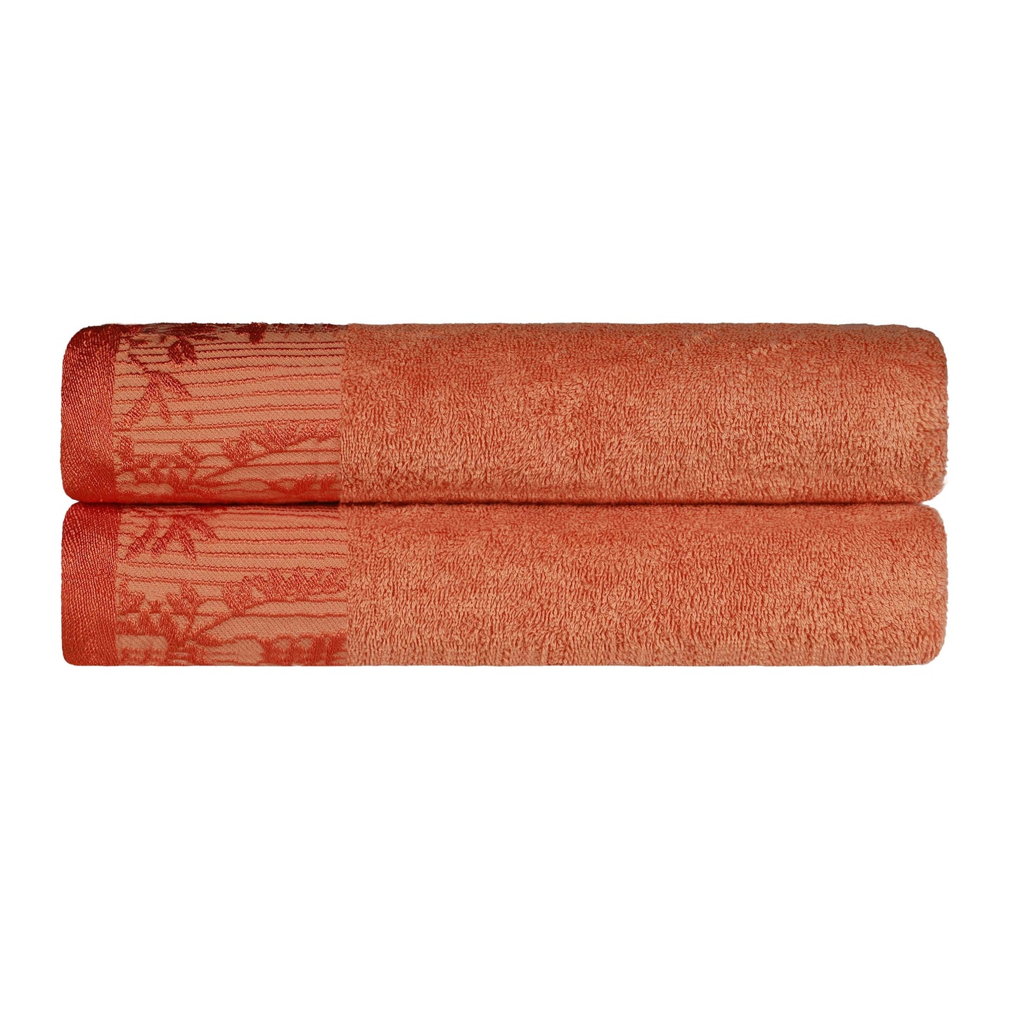 Wisteria Cotton Bath Towel Set with Floral Bohemian Embroidered Jacquard Border (Set of 2) - Mandarin