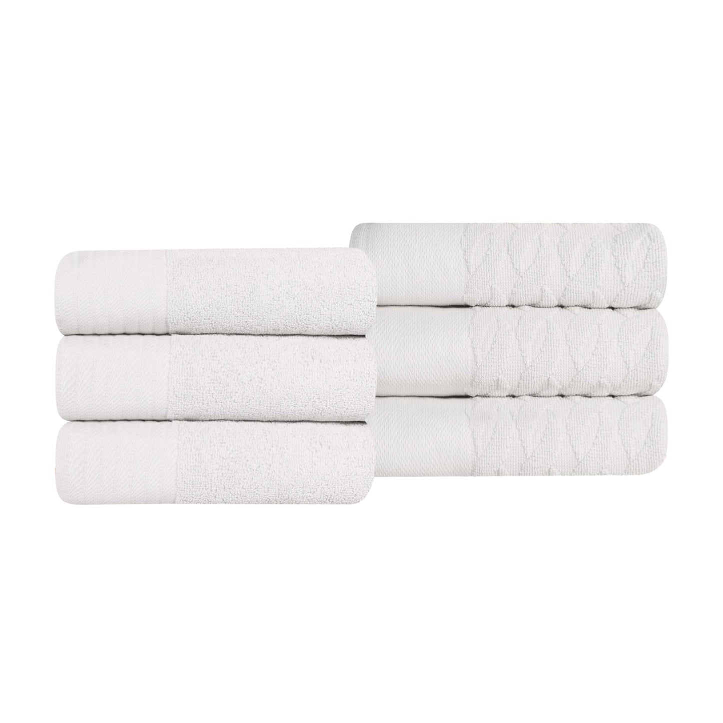 Turkish Cotton Jacquard Herringbone and Solid 6 Piece Hand Towel Set - White